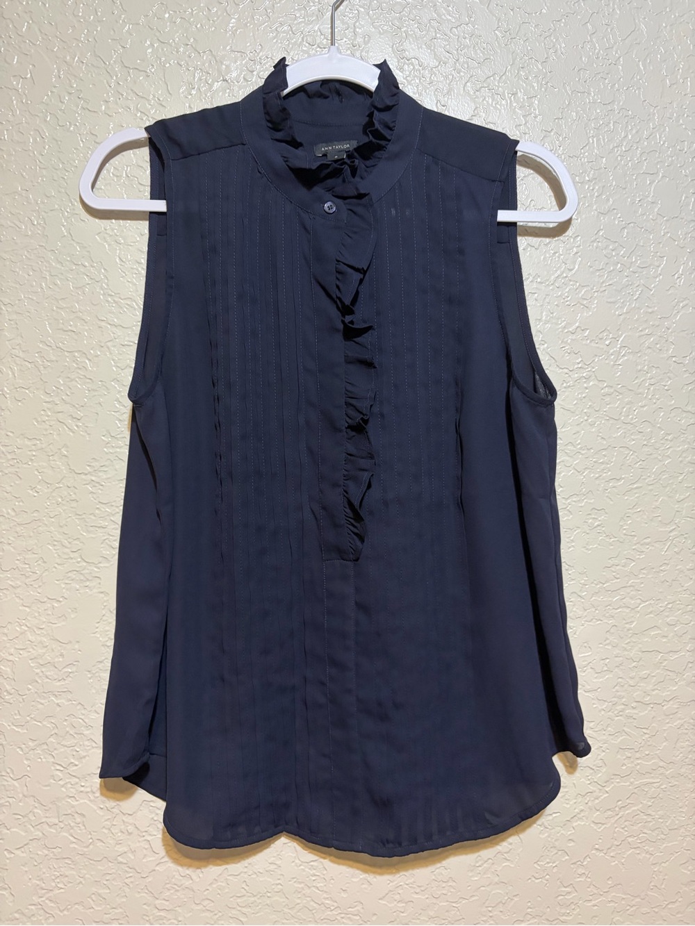 Ann Taylor Sleeveless Ruffle-Front Navy Blouse